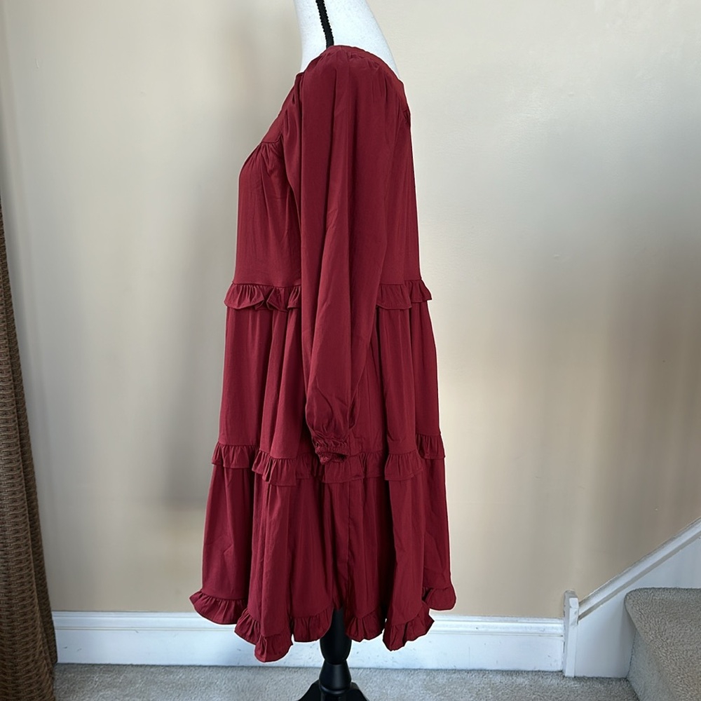 ENTRO Lava Red Boho Tiered Mini Dress 3/4 Sleeve - Picture 8 of 14